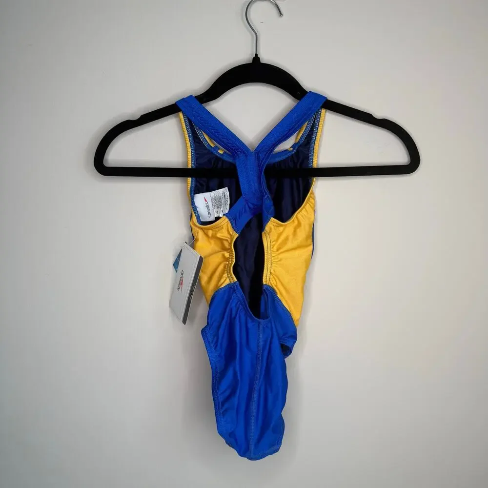 Speedo Quantum Splice Flyback One Piece Swimsuit Girls Youth 22 Blue Gold NWT